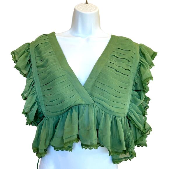 Tularosa Green Chiffon Ruffle Top MEDIUM Cottagecore Romantic Flutter $158 NEW - Picture 4 of 6